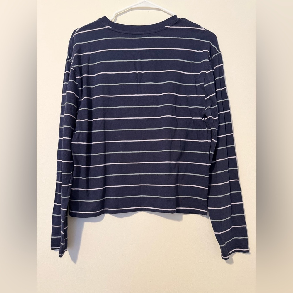 A New Day Navy Blue and Green Striped Long Sleeve Tee Casual Top